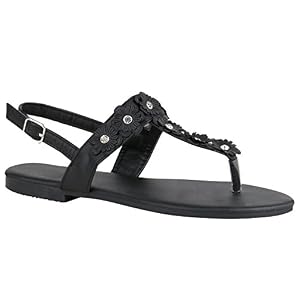 stiefelparadies Damen Sandalen Strass Metallic Zehentrenner Flats Dianetten Schuhe 155771 Schwarz Blumen Strass 39 Flandell