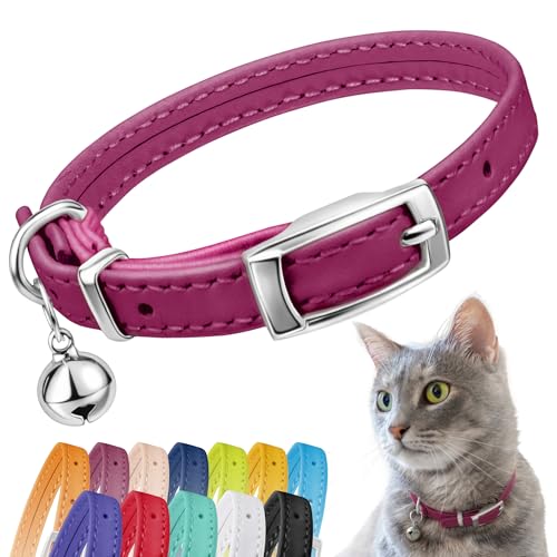 Image of Soft Leather Cat Collar with Safety Elastic Strap - Pink