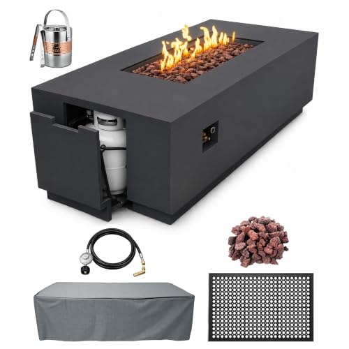Image of AMS Fireplace Genuine Concrete Rectangular Propane Fire Pit Table for Outside Patio (66 inch Sedona) | Hidden Tank Drawer & Electronic Ignition | w /Bonus Ice Bucket and Rubber Mat (Dark Gray)