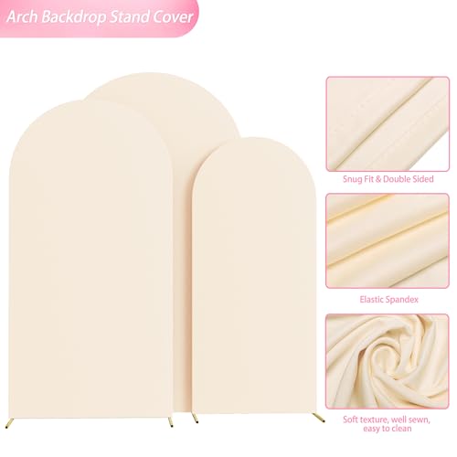 Image of Wokceer Wedding Arch Backdrop Cover (7.2FT, 6.6FT, 6FT) Set of 3 Spandex Fitted Beige Arch Covers Round Top Chiara Arches Covers Stretchy Backdrop for Birthday Party Ceremony Banquet Decor