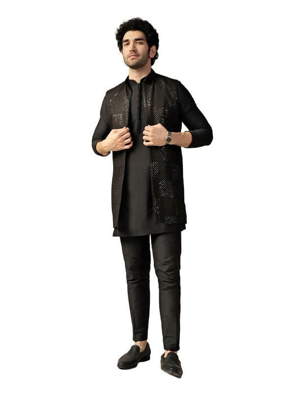 kisah Men's Kurta Jacket Trouser Set, Black Viscose Rayon, Embroidered Regular Fit Mandarin Collar Long Sleeves-picture-41