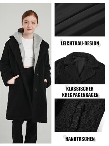 maoo garden Mädchen Langer Wintermantel aus Sherpa-Fleece Leichter Übergangsmantel im Peacoat-Stil mit Trenchcoat-Längenschnitt für Schulkinder Schwarz 164