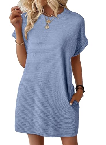 Image of EVALESS Womens Summer Dresses 2026 Fashion Short Sleeve Cute Spring Mini Dress Crewneck Casual Beach Vacation Dresses