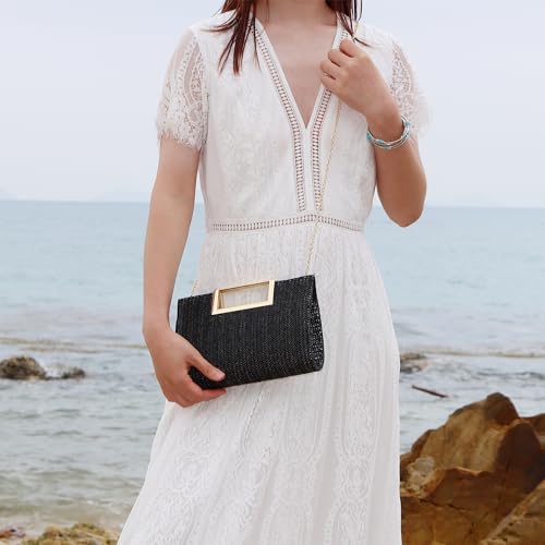 Image of Top Handle Straw Clutch for Women Summer Clutch Straw Evening Bag Raffia Crossbody Purses Woven Beach Clutch