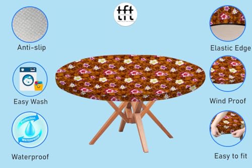 Image of The Furnishing Tree Round Elastic Fitted Dining Table Cover WxL 36x36 Inches Floral Pattern Orange