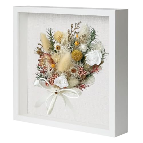 Image of Muzilife 10x10 Shadow Box Picture Frame with Linen Board - Deep Wood & Glass Display Case Ready to Hang Perfect to Display Baby & Sports Memorabilia, Pins, Awards, Medals, Tickets and Photos (White)