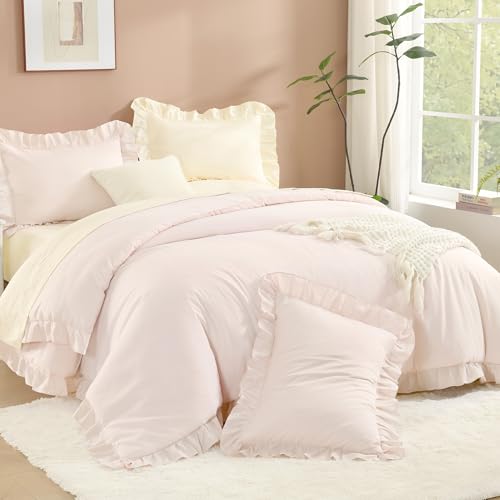 Image of Litanika Light Pink King Size Comforter Set, 3 Pieces Ruffle Farmhouse Aesthetic Bedding Comforter Set, All Season Soft Lightweight Fluffy Microfiber Bed Set(104x90In Comforter, 2 Pillowcases)