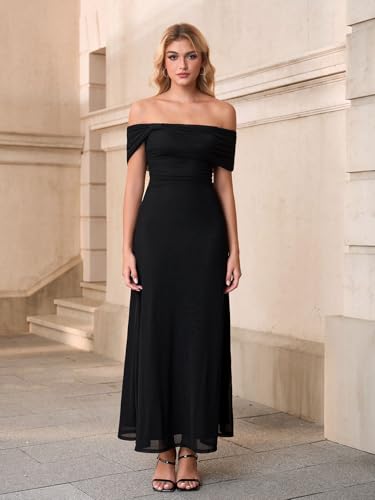 Image of KUTUMAI Women Floral Off Shoulder Maxi Dress Summer Ruched Bodycon Long Formal Wedding Guest Dresses 2026