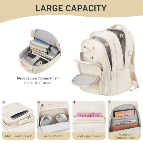 Student Laptop Backpack for College Teen Girls, Middle High School Aesthetic Bookbag Large 15.6 Inch Laptop Bag Travel Back Pack for Women (Beige)2