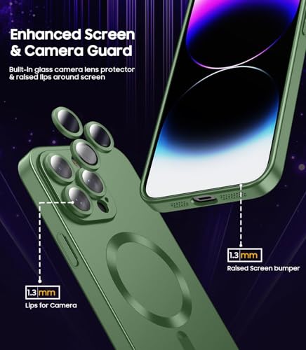 Image of DIZORO Magnetic Case for iPhone 14 Pro Max Cover [Compatible with MagSafe][Built-in Camera Lens Protector] Slim Soft Silicone Bumper Shockproof Metallic Luster Back Cover Phone Cases (Pine Green)