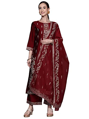 Image of INDO ERA Viscose Women's Geometric Kurta With Pant & Dupatta Set (Kh9Mr8595)