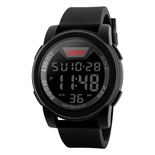 WANGF Calendrier Chronomètre Imperméable en Silicone Montre pour Homme Femme Garçon, Sport Gros Digital LED Noir Cover