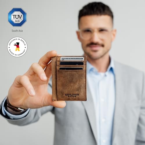 Berliner Bags Vintage Genuine Leather Slim Wallet for Men Karl, RFID Blocking Card Holder with ID window, Front Pocket Wallets, Card Case for Men and Women - Brown3