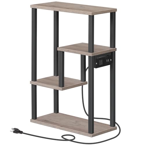 HOOBRO-Narrow-End-Table-with-Charging-Station-Side-Table-with-Ladder-Shelf-for-Small-Spaces-Nightstand-with-Outlet-and-USB-Ports-Bedside-Table-for-Living-Room-Greige-and-Black-BG123UBZ01