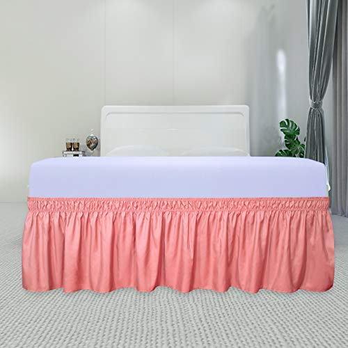 PureFit Wrap Around Ruffled Bed Skirt with Adjustable Elastic Belt - 22 Inch Drop Easy to Put On, Wrinkle Free Bedskirt Dust Ruffles, Bed Frame Cover for Queen, King and C-King Size Beds, Pink
