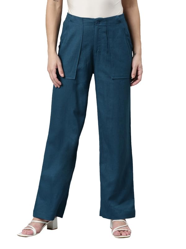 Image of GO COLORS Solid Linen Cargo Pants for Women | Full Length, Mid Rise, Side Pockets