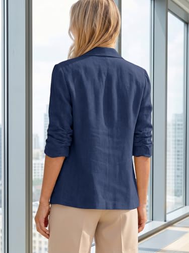 Image of Mina Self 2026 Summer Women's Linen Blazer Jacket - Lightweight Breathable 3 /4 Stretchy Ruched Sleeve Casual Work with Pocket