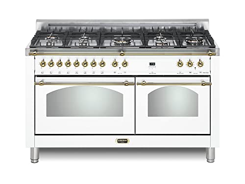 Image of Lofra 60 inch Dolcevita Series Freestanding Dual Fuel Range with 8 Sealed Brass Burners, 4.92 cu. ft. Total Oven Capacity, True European Convection and Brass Trim in White