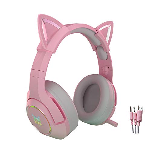 YOPU Pink Gaming Headset with Detachable Cat Ear Headset with Microphone LED Light Bass Surround Noise Cancelling Over Ear Headphones HiFi 7.1 Channel for PS4 Xbox One PC Mobile Phone