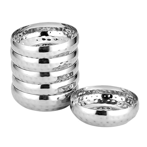Image of Stainless Steel Serving Bowls Set with Hammered Finish, Traditional Katori for Curry, Dal, Soup, Dessert, 6 Pieces (100ml, Hammered Finish)