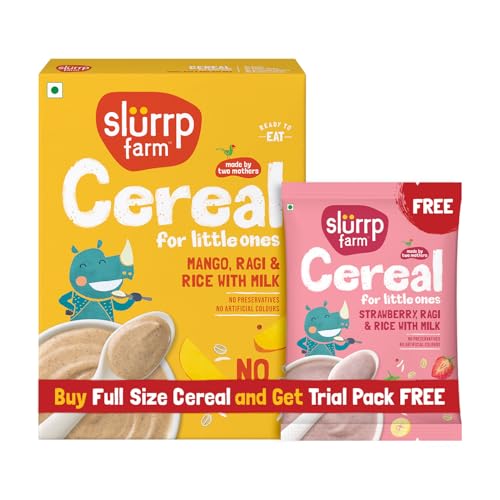 Image of Slurrp Farm No Added Sugar Instant Cereal | Ragi, Rice and Mango with Milk | Free Strawberry Cereal Trial Pack | 200g + Free 50g