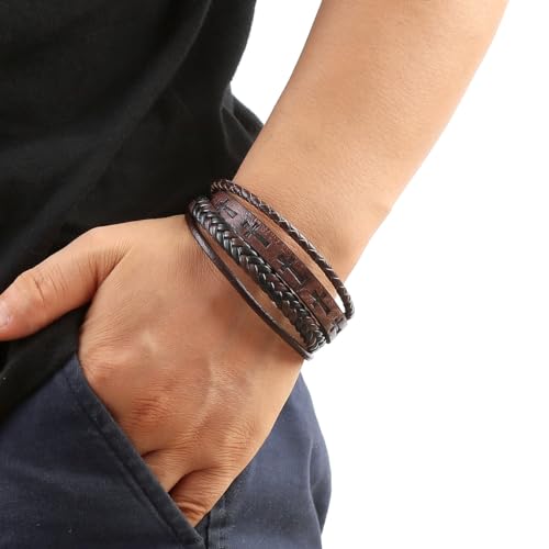 Pulsera de cuero trenzada para hombre con cruz miniatura 3