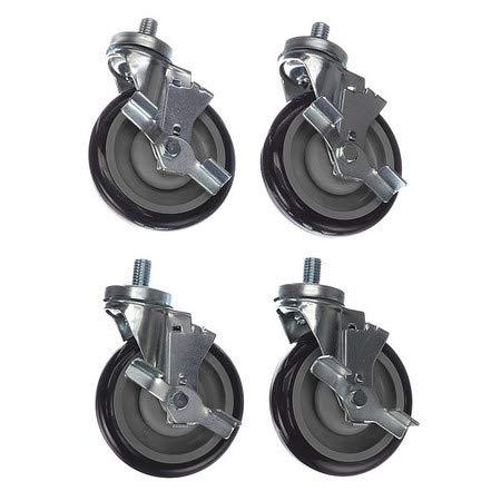 Caster Kit, Medium Duty 3/4-10 x 1" Threaded Stem Caster with 5" Blue Polyurethane Wheel, 4 Brake in Retail Box
