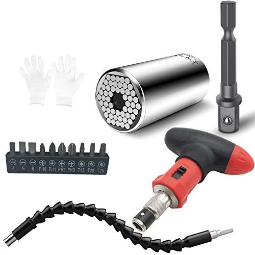 Home Diy Tools Universal Socket Wrench 7-19Mm Multi-Function Hand Tool Universal Repair Kit - With 1.9" Electric Drill Adapter, Hex Soft Screwdriver Telescopic Flexible Shaft, Screwdriver Heads #TOP17