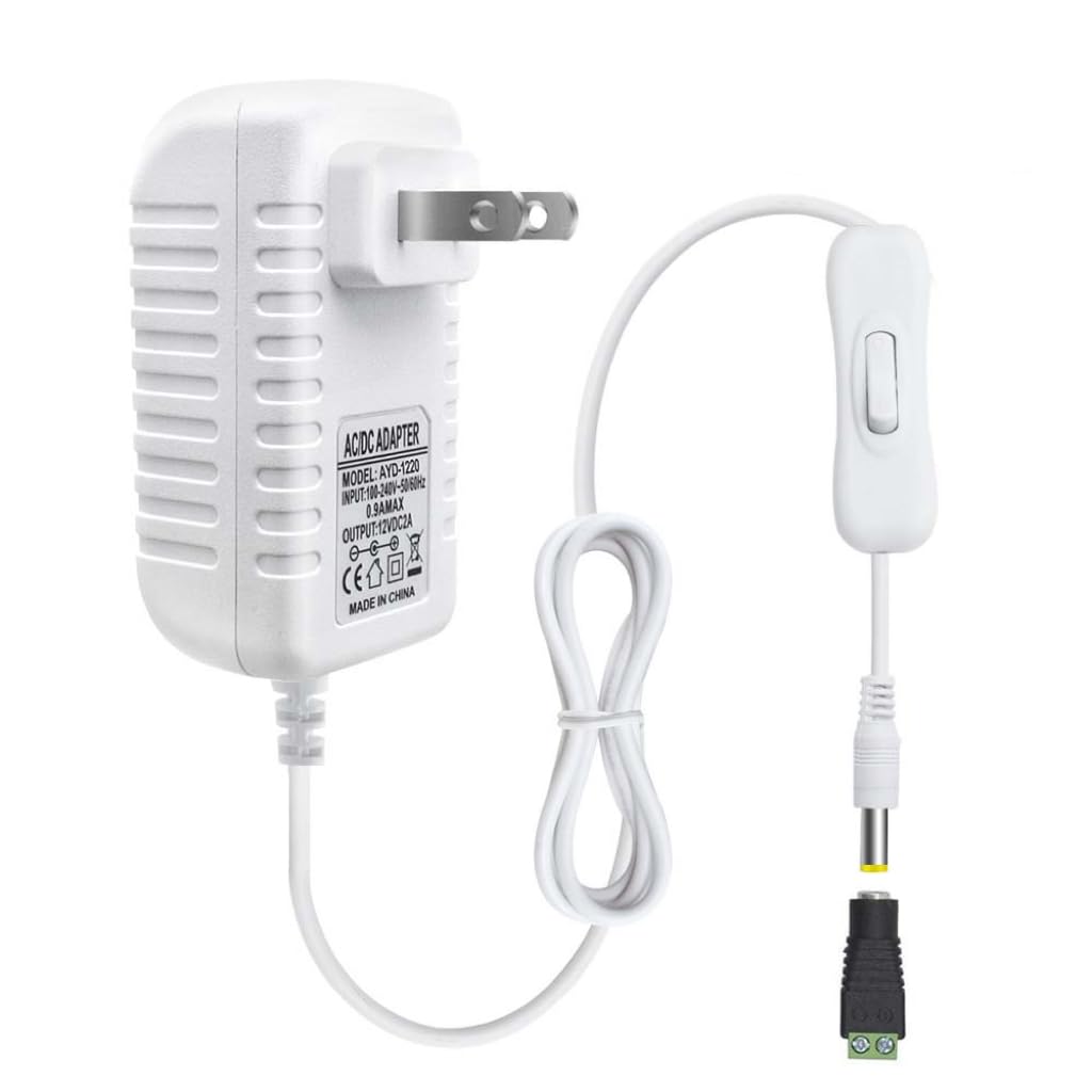 12V Power Supply, 12 Volt 2A 24W DC Power Supply with On Off Switch, White Switching LED Power Adapter, AC 110V to 12V Wall Wart Transformer Plug for LED Strip Lights with 5.5/2.1 DC Female Connector