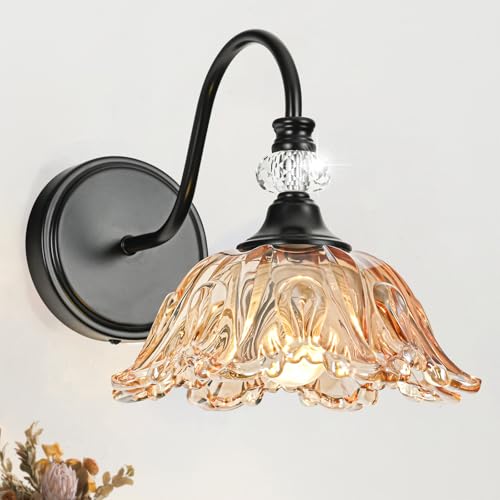 Image of Black Wall Sconces with Floral Amber Glass Shades, Black Farmhouse Wall Mount Lighting for Bathroom,Vintage Bathroom Vanity Light Fixtures