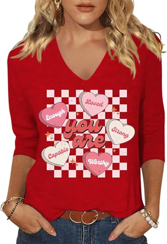 Image of Womens 3 /4 Sleeve V Neck Valentine T Shirts Love Heart Printed Graphic Tee Tops