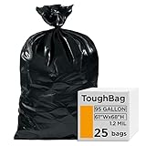 ToughBag 95 Gallon Extra-Large Trash Bags, 61x68” Black Garbage Bags, 1.2 Mil Thick (25 COUNT),...