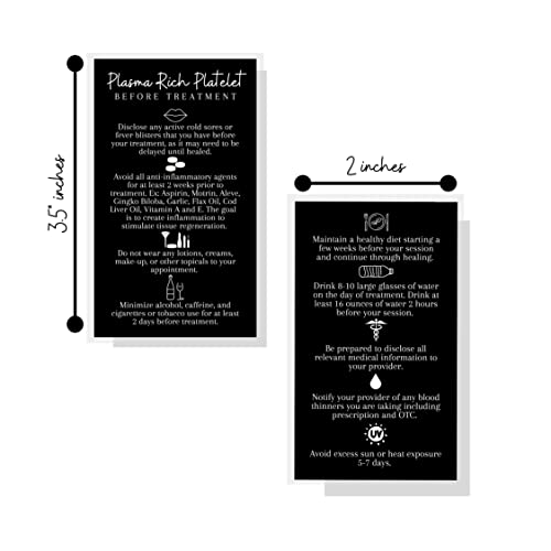 PRP Platelet Rich Plasma Pre Treatment Care Instructions Card | 50 Pack | 2x3.5” inches Business Card | PRP Supplies | Black with White Icons Design2