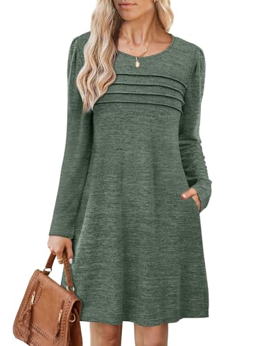 Image of OFEEFAN Womens Long Sleeve Tunic Dress Fall Fashion Sweater Dress with Pockets Pleated Front Casual Winter