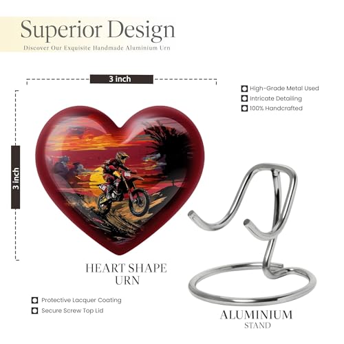 Image of Motorcycle Biker Cremation Urns - Combo of 5 with 8 Inch Heart Ash Holder for Dad & Adult Female and 3 Inch Sunset Keepsake Urns for Mom, Men & Women - Funeral Memorial Ash Containers