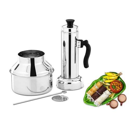 Image of PANCA Stainless Steel Puttu Kudam Maker with Steamer Plate | Traditional Puttu Kutti with Lid & Stick | Puttu Maker for Cooker Use | Puttu Kozha Puttumakker - 1.5 Litre