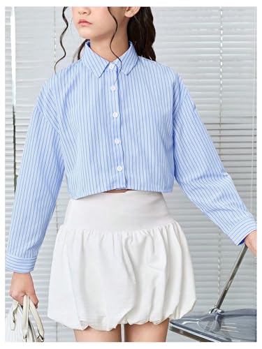OYOANGLE Girl's Bowknot Button Down Shirts Casual Loose Striped Cute Long Sleeve Blouse2