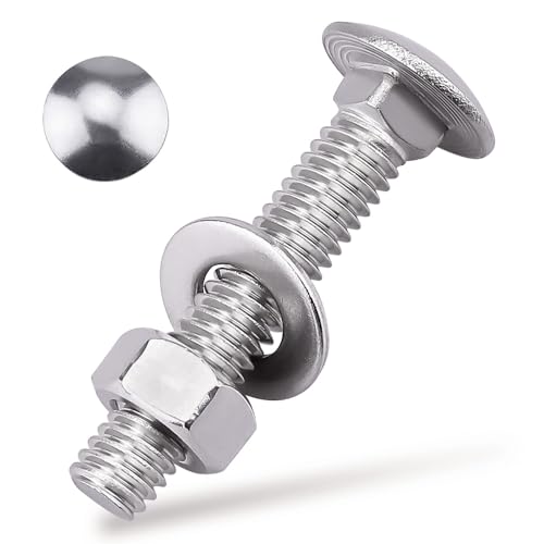1/2-13 x 2-1/2" Carriage Bolts Kits, Grade A2-70, 304 Stainless Steel Carriage Screws with Hex Nuts and Washers, Round Head Square Neck, Coarse Thread, 6 Sets