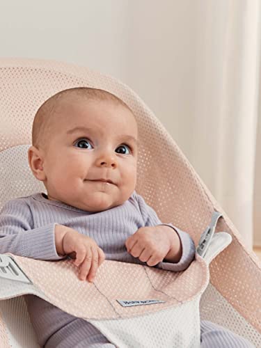 Image of BabyBjorn Bouncer Balance Soft, Light Grey Frame, Mesh, Pearly Pink /White, 2-in-1 Adjustable Baby Bouncer Seat and Toddler Chair, Newborn to Toddler (8-29 lbs), 4 Positions, Lightweight & Portable
