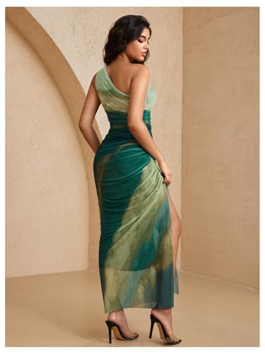 WDIRARA Women's One Shoulder Mesh Ruched Maxi Dress Tie Dye High Slit Bodycon Dresses2