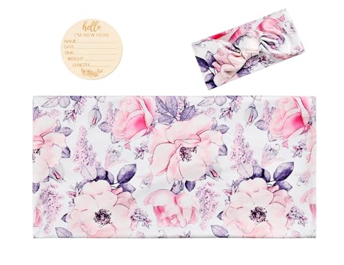 Image of Newborn Baby Girl Receiving Blanket Swaddle Blanket Stretchy Knit Swaddle Set with Matching Headband and Beanie (Ink Pink)