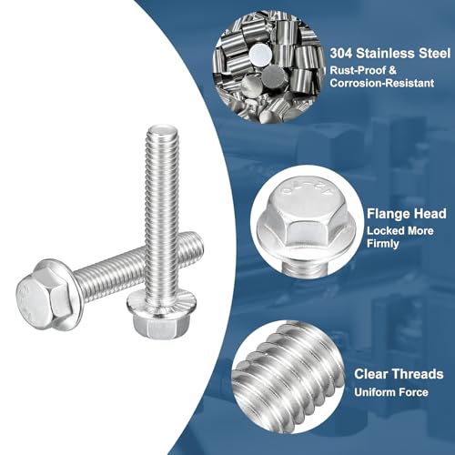 Image of uxcell 10Pcs 3 /8-16 x 2 Flanged Hex Head Bolts, 304 Stainless Steel Flange Hexagon Screws, Flange Hex Drive Screws 5.8 Grade for Machinery Industry Home Appliances, Silver