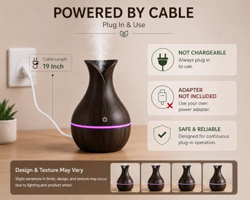 Image of Aroma Diffuser with Wooden Finish, Ultrasonic Essential Oil Diffuser & Humidifier, LED Night Light, Quiet Air Freshener for Home Bedroom Office Spa