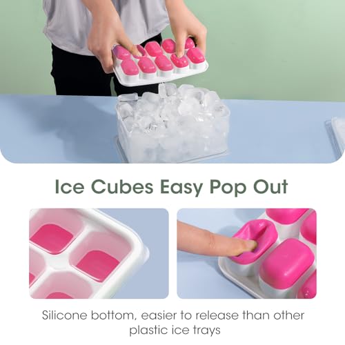 DOQAUS Ice Cube Tray with Lid and Bin, 4 Pack Silicone Plastic Ice Cubes Trays for Freezer with Box/Container, Stackable with Storage Iced Bucket Kits, Scoop, for RV, Soup, Food, Cocktail, Coffee