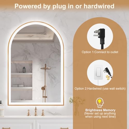 Image of Arched LED Mirror for Bathroom 24 inchx36 inch, Orange Gold LED Bathroom Mirror with Lights, Fogless, Dimmable, Shatterproof, Touch Sensor, 3 Color Changing