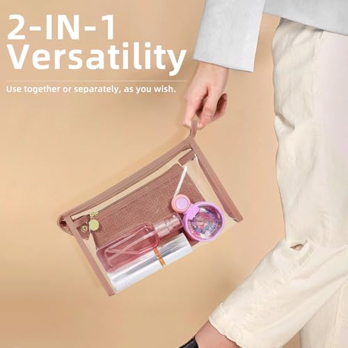 Makeup Bag Set of 2 – Clear PVC Toiletry Bag with Zipper & PU Leather Cosmetic Pouch, Travel Makeup Organizer Bags for Women, Portable Leather Pouch for Purse or Travel, Brown 5