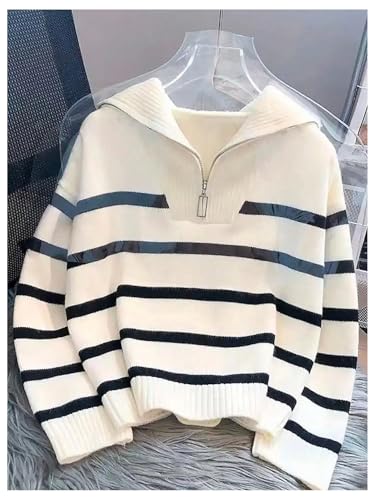Women's Striped Quarter Zip Pullover Top Long Sleeve Knit Collared Sweaters4