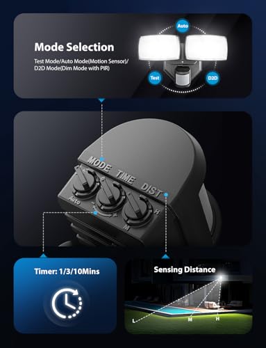 Onforu 32W 2 Head Motion Sensor Outdoor Lights, 3200LM 6500K LED Security Light Hardwired, Dusk to Dawn, Motion Detector Light for Outside, IP65 Waterproof Flood Lights for Garage, Yard(Black) - Thumbnail 5