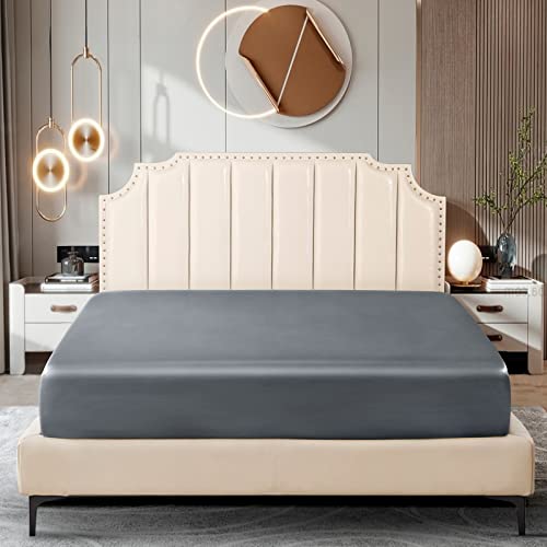 Image of Ersmak Satin Fitted Sheet Only, Luxury Silky Twin Fitted Sheet Ultra Soft Deep Pocket Bottom Sheet, Wrinkle & Fade Resistant - Silver Grey
