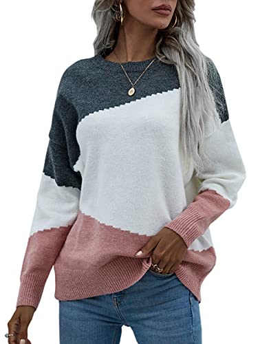 Image of ECOWISH Women Sweater Long Sleeve Color Block Knit Pullover Sweaters Crew Neck Patchwork Casual Loose Jumper Tops